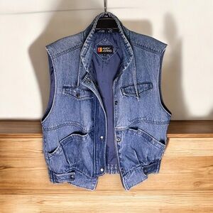 Andy Johns Denim Vest Mens Medium Utility Multi Pocket Sleeveless Jacket Retro